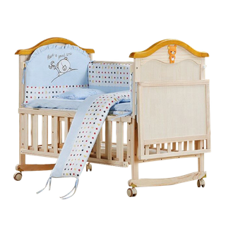 Natural Wood Baby Crib On Wheels With Changing Table